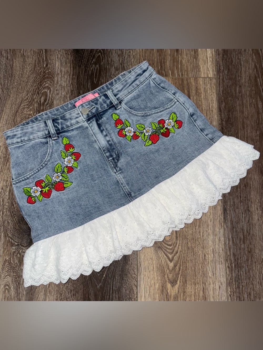 Dolls Kill Strawberry Shortcake Fresh Picked Embroidered Denim Ruffle Mini Skirt